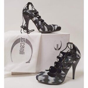 JUST CAVALLI ROBERTO CAVALLI SHOES CANVAS LEATHER WRAP AROUND PUMPS IT 38 US 8